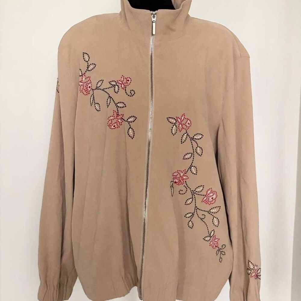 Nada Valley cream zip up jacket with pink floral embroidery on sleeves, size L.